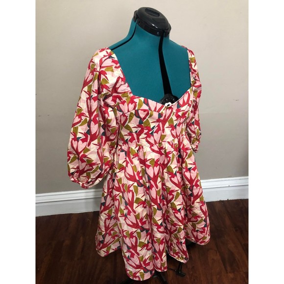 Slate + Willow Love Bird Mini Dress, Pink Puff Sleeve Square Neck Dress, sz 10 - Picture 4 of 8